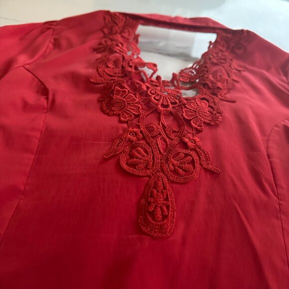 Kularium | Blouse | Small | Red | Ruffled Dress Shirt Top, Slight Stretch - Picture 8 of 9